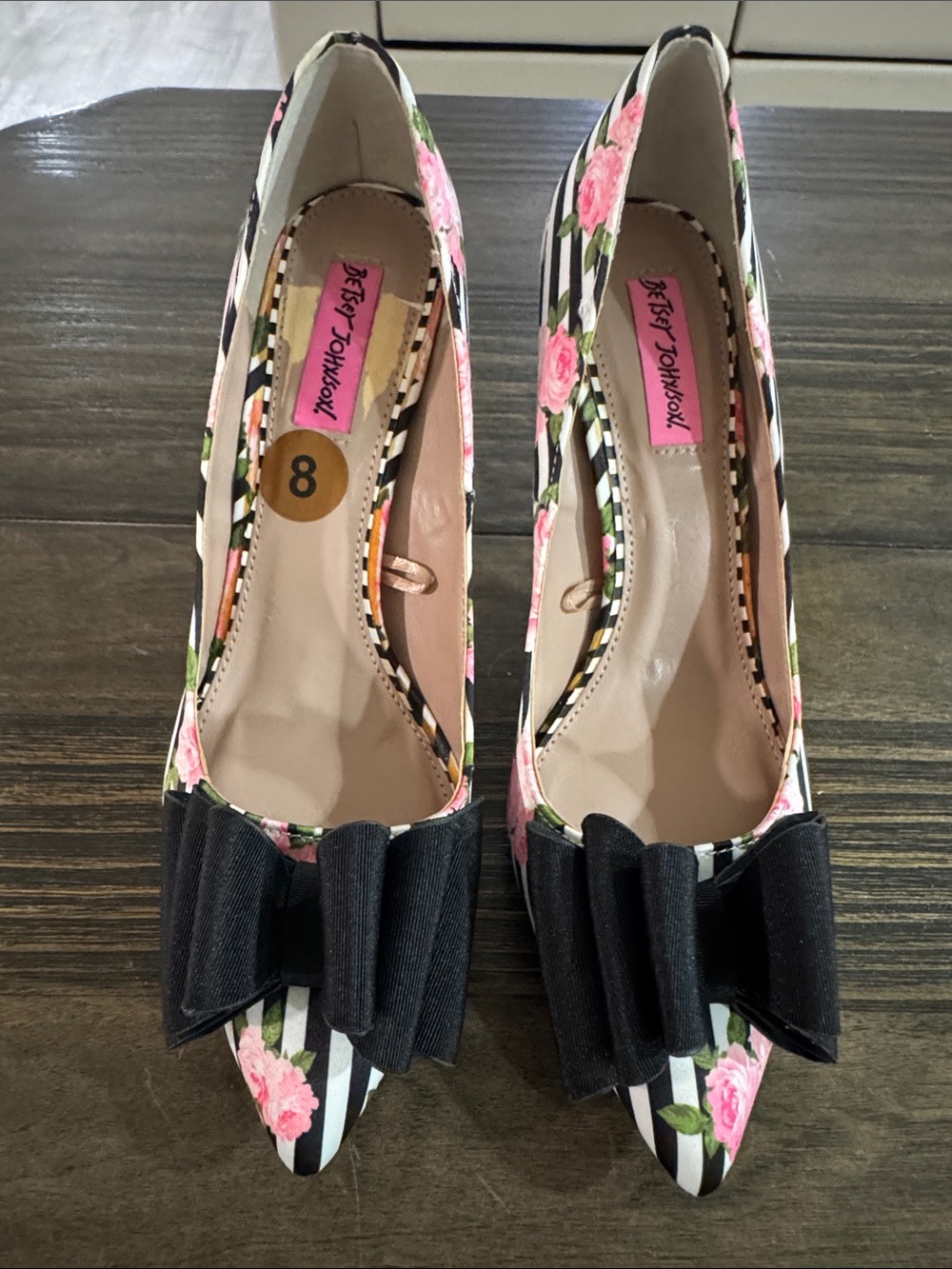 Betsey Johnson Black, Pink & Green Floral Striped Pointed Heels with Bow